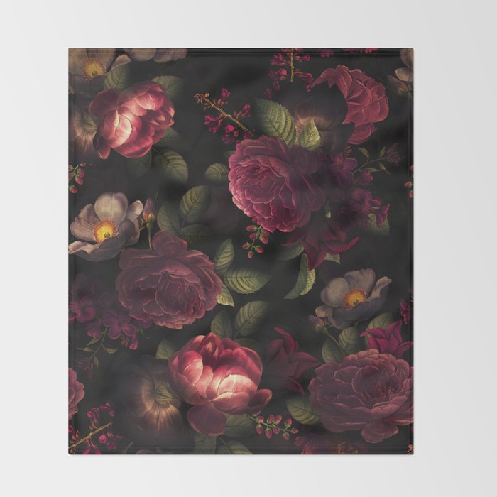 Midnight Vintage Shiny Botanical Rose Garden Throw Blanket Gallery Image 2