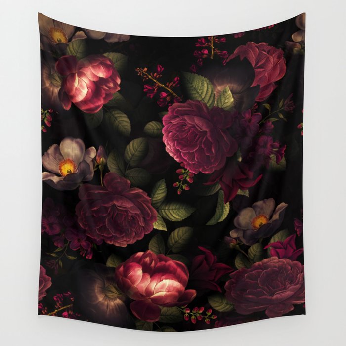 Midnight Vintage Shiny Botanical Rose Garden Wall Tapestry Gallery Image 1