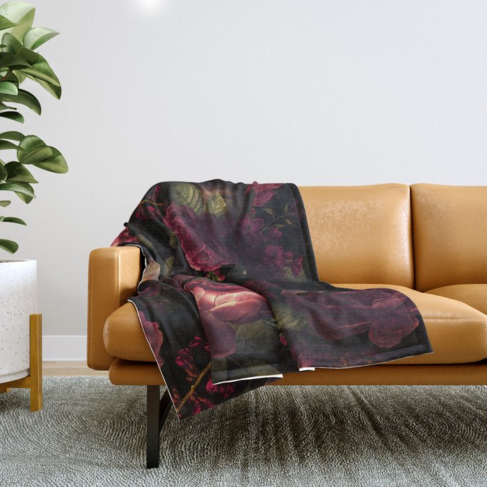 Midnight Vintage Shiny Botanical Rose Garden Throw Blanket Gallery Image 1