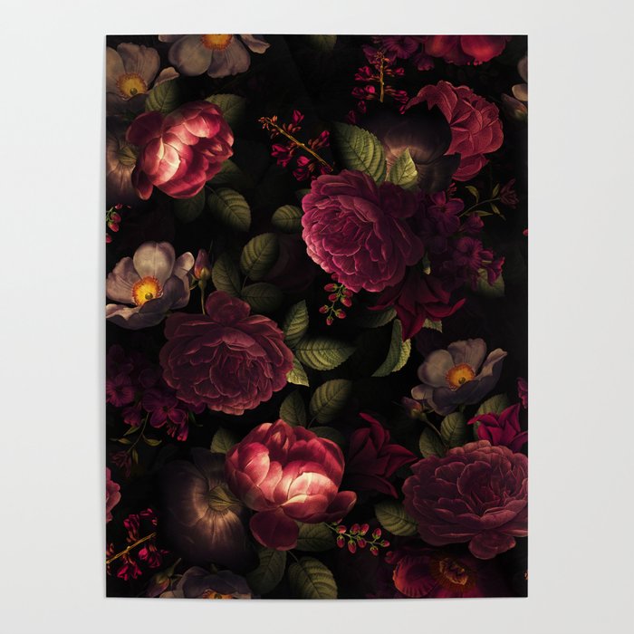 Midnight Vintage Shiny Botanical Rose Garden Poster Gallery Image 1