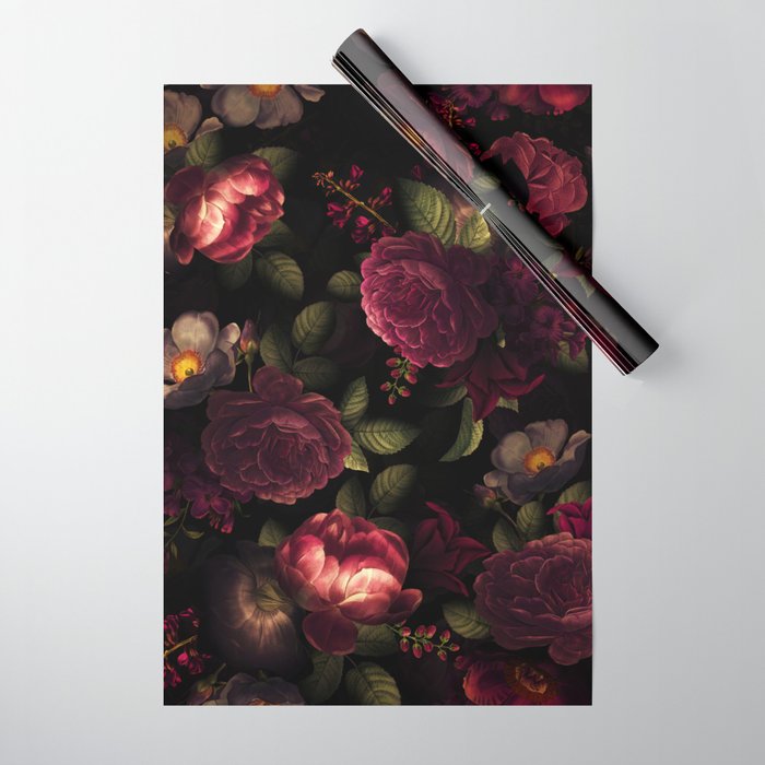 Midnight Vintage Shiny Botanical Rose Garden Wrapping Paper Gallery Image 1