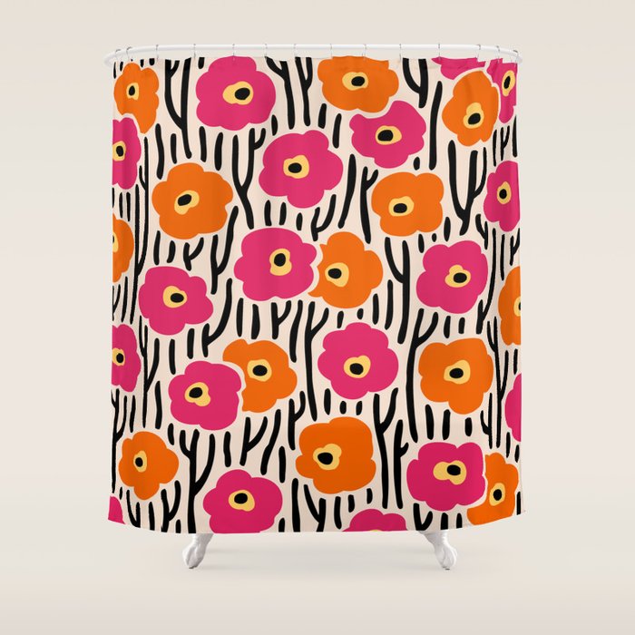Floral  Pattern Hot Pink and Orange Shower Curtain Gallery Image 1