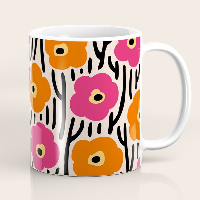 Floral  Pattern Hot Pink and Orange Coffee Mug Gallery Image 1