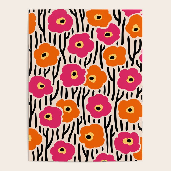 Floral  Pattern Hot Pink and Orange Poster Gallery Image 4