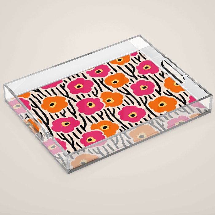 Floral  Pattern Hot Pink and Orange Acrylic Tray Gallery Image 1