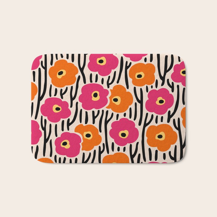 Floral  Pattern Hot Pink and Orange Bath Mat Gallery Image 1