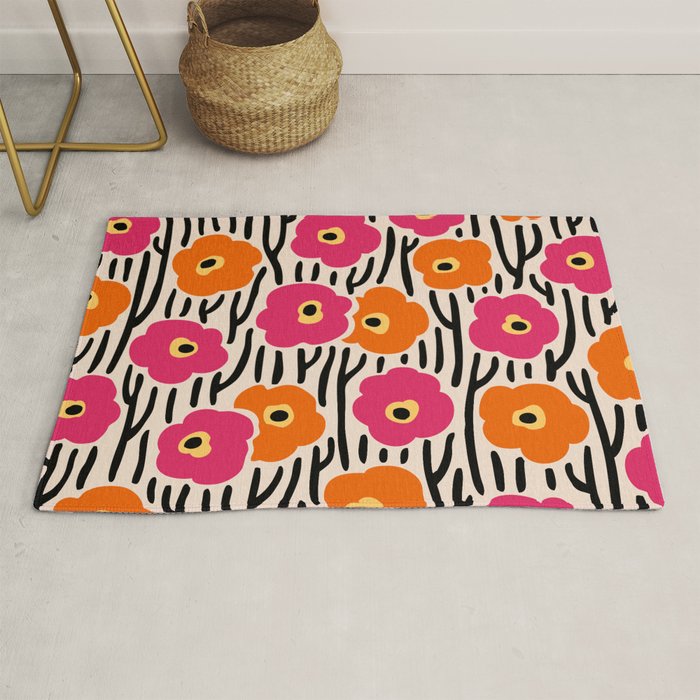 Floral  Pattern Hot Pink and Orange Rug Gallery Image 1
