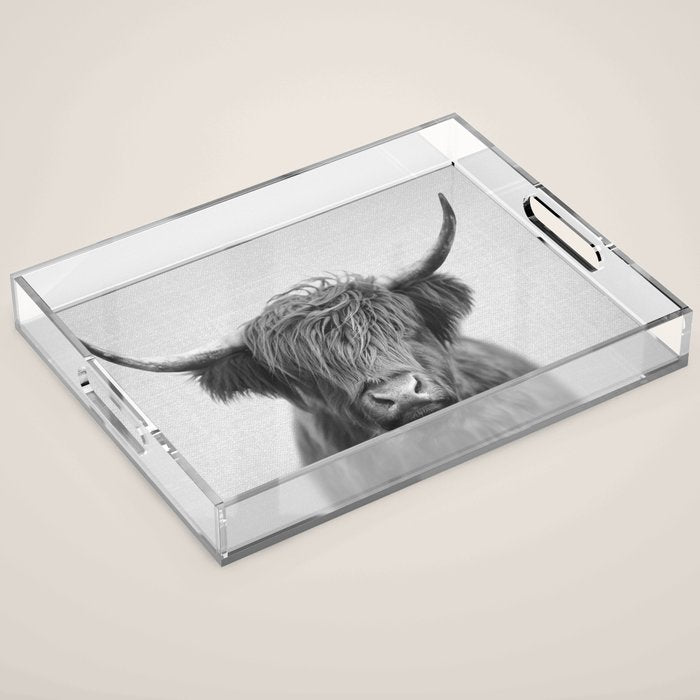 Highland Cow - Black & White Acrylic Tray Gallery Image 1