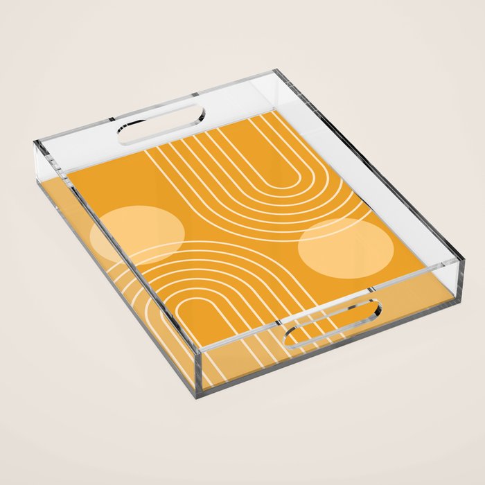 Mid Century Modern Geometric 118 in Yellow Gold Shades (Rainbow and Sun Abstraction) Acrylic Tray Gallery Image 1
