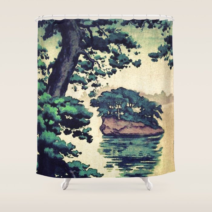Autumn Rain in Yama - Summer Green Island Forest Ukiyoe Nature Landscape Shower Curtain Gallery Image 1