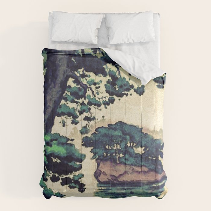 Autumn Rain in Yama - Summer Green Island Forest Ukiyoe Nature Landscape Comforter Gallery Image 6