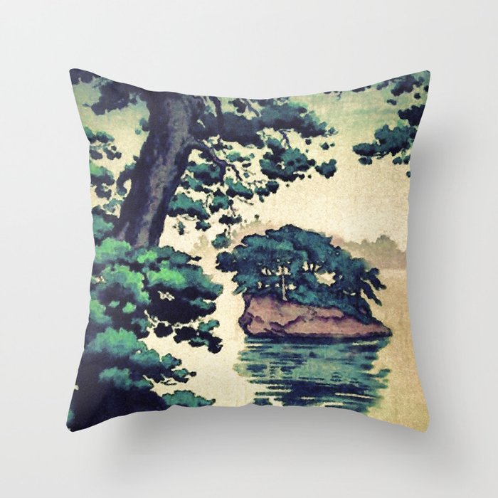 Autumn Rain in Yama - Summer Green Island Forest Ukiyoe Nature Landscape Throw Pillow Gallery Image 1