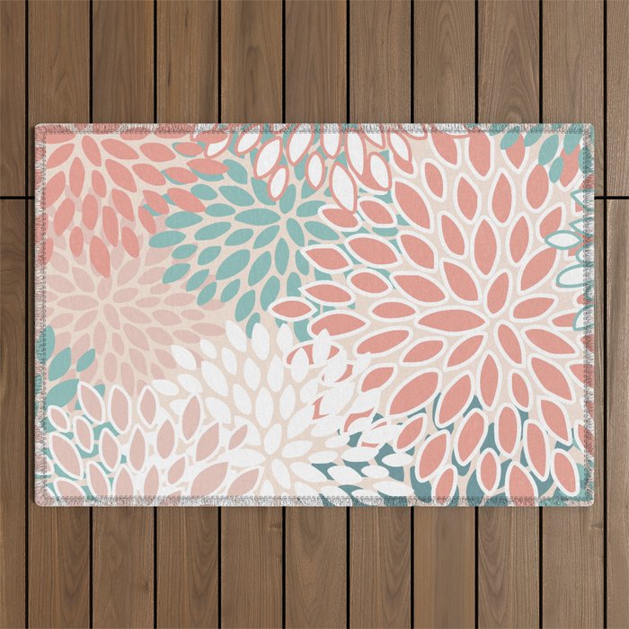 Festive, Floral Prints, Teal, Peach, Coral Outdoor Rug Gallery Image 1