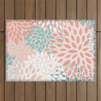 Festive, Floral Prints, Teal, Peach, Coral Outdoor Rug Gallery Image 1