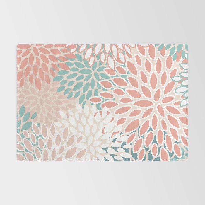Festive, Floral Prints, Teal, Peach, Coral Rug Gallery Image 2