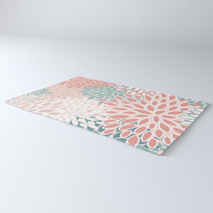 Festive, Floral Prints, Teal, Peach, Coral Rug Gallery Image 3