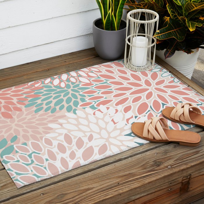 Festive, Floral Prints, Teal, Peach, Coral Outdoor Rug Gallery Image 2