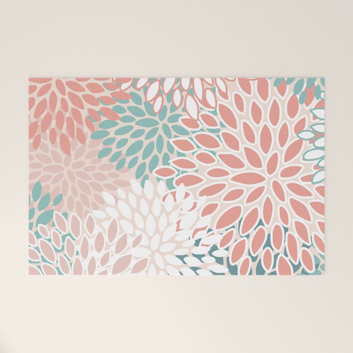 Festive, Floral Prints, Teal, Peach, Coral Welcome Mat Gallery Image 1
