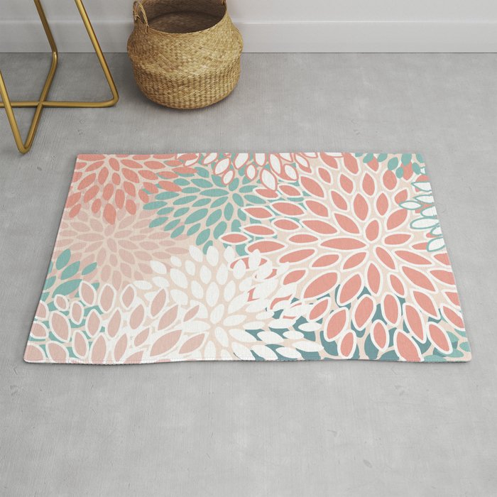 Festive, Floral Prints, Teal, Peach, Coral Rug Gallery Image 1