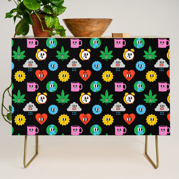 Funny retro cartoon sticker art pattern Credenza Gallery Image 1