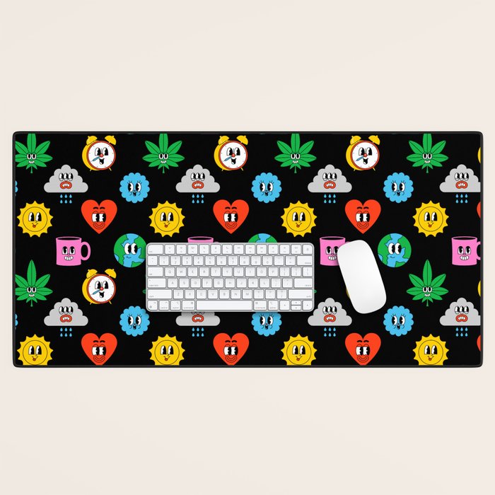 Funny retro cartoon sticker art pattern Desk Mat Gallery Image 1