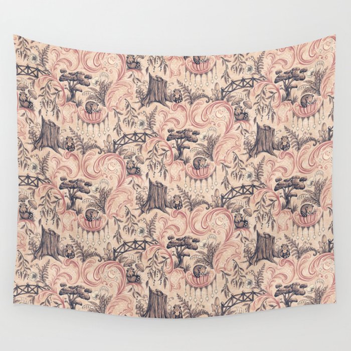 Fairytale Forest Raccoons - pink Wall Tapestry Gallery Image 1