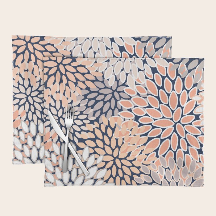 Floral Prints, Navy, Coral, Peach and Gray, Abstract Art, Coloured Prints Placemat Gallery Image 1