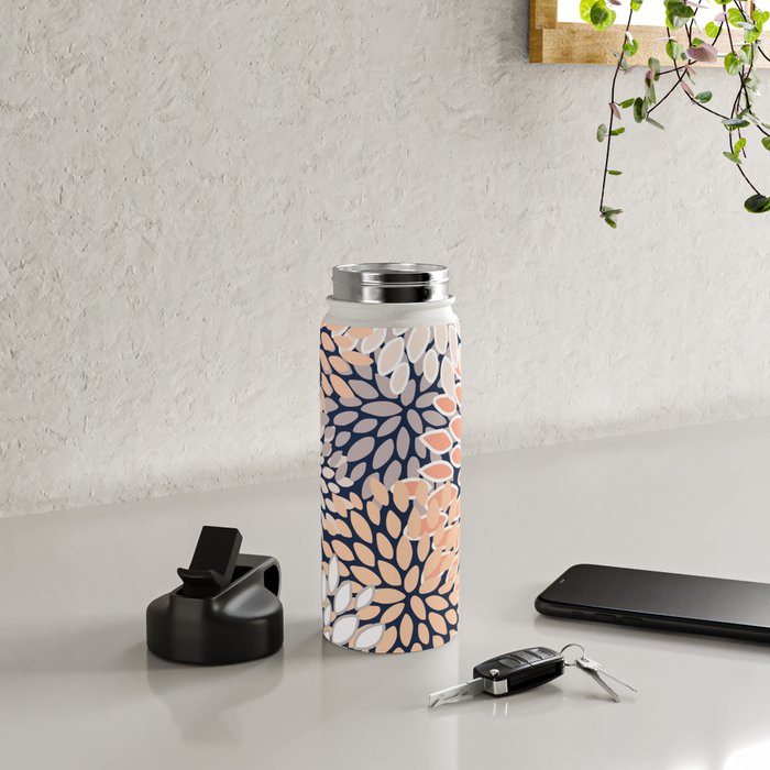 Floral Prints, Navy, Coral, Peach and Gray, Abstract Art, Coloured Prints Water Bottle Gallery Image 4