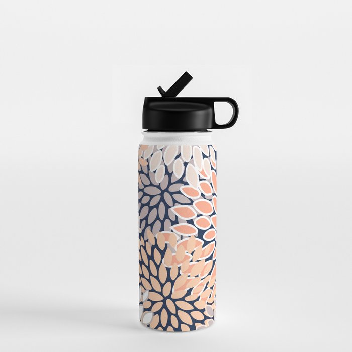Floral Prints, Navy, Coral, Peach and Gray, Abstract Art, Coloured Prints Water Bottle Gallery Image 1