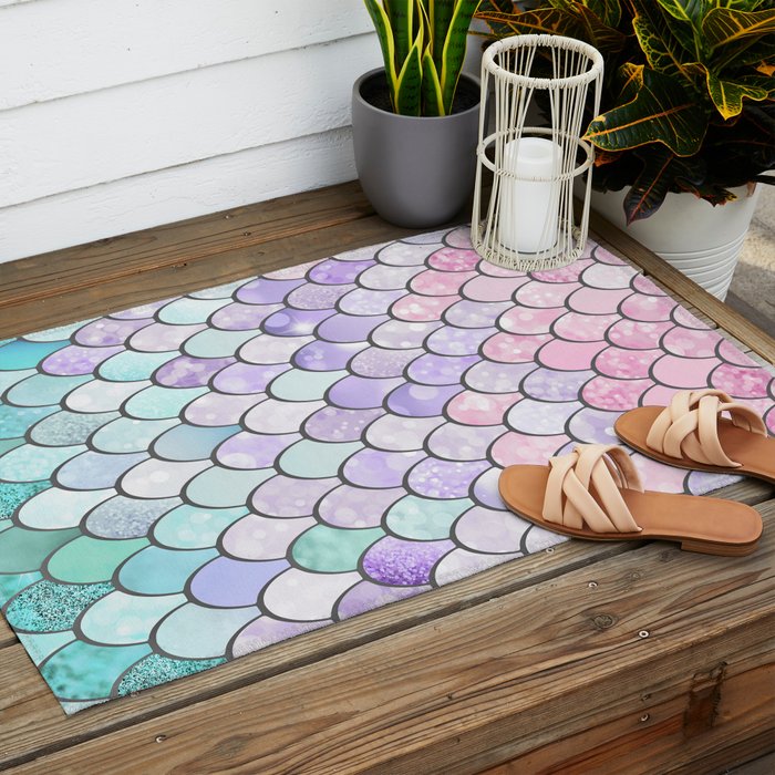 Mermaid Pastel Pink Purple Aqua Teal Outdoor Rug Gallery Image 2