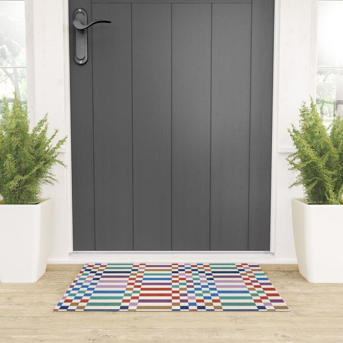 Colorful Geometric Checkered Stripes Pattern Welcome Mat Gallery Image 3