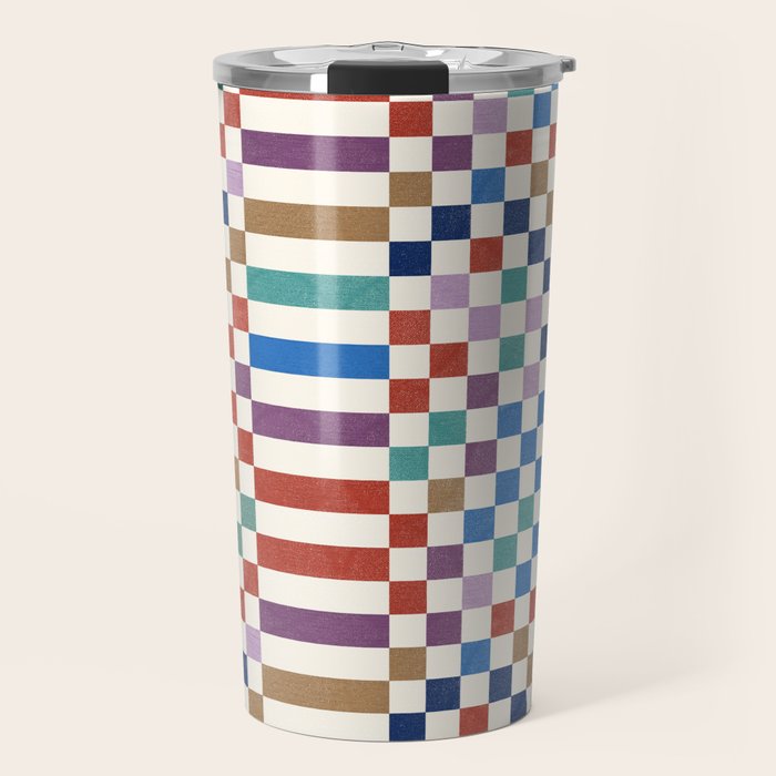 Colorful Geometric Checkered Stripes Pattern Travel Mug Gallery Image 1
