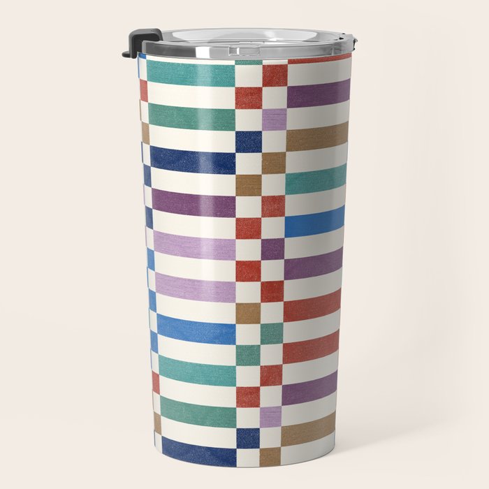 Colorful Geometric Checkered Stripes Pattern Travel Mug Gallery Image 3