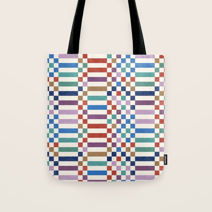 Colorful Geometric Checkered Stripes Pattern Tote Bag Gallery Image 1