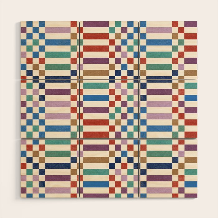 Colorful Geometric Checkered Stripes Pattern Wood Wall Art Gallery Image 1
