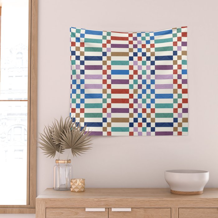 Colorful Geometric Checkered Stripes Pattern Wall Tapestry Gallery Image 2