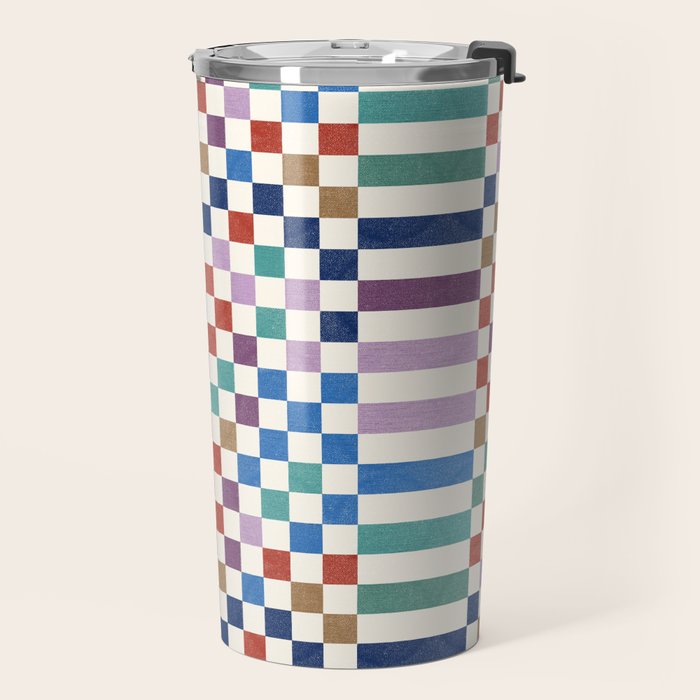 Colorful Geometric Checkered Stripes Pattern Travel Mug Gallery Image 2