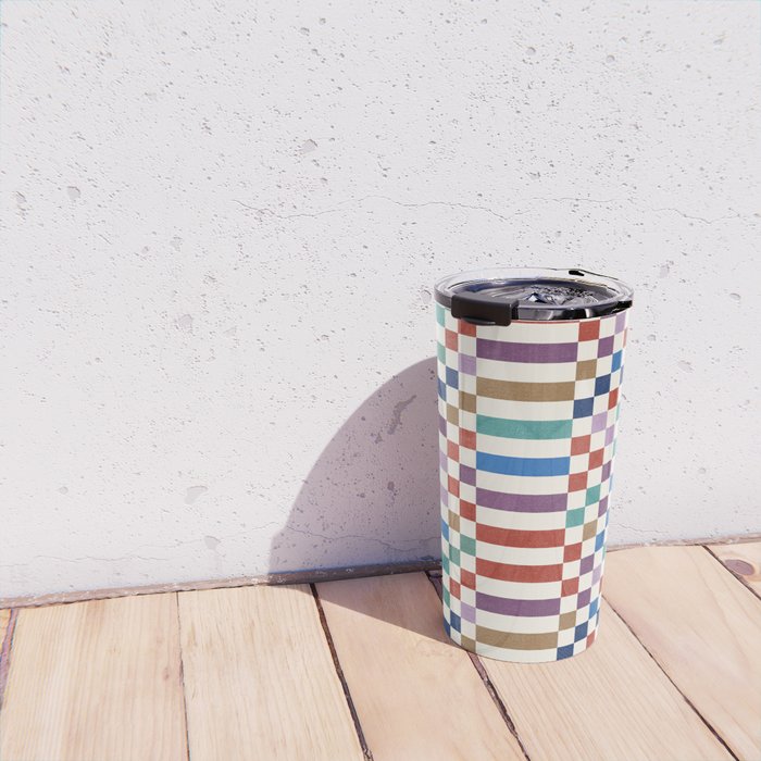 Colorful Geometric Checkered Stripes Pattern Travel Mug Gallery Image 4