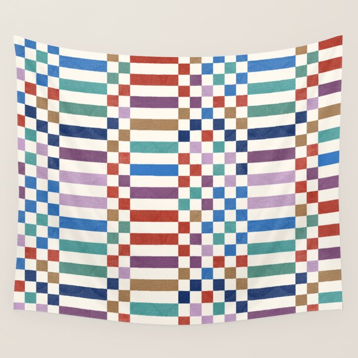 Colorful Geometric Checkered Stripes Pattern Wall Tapestry Gallery Image 4