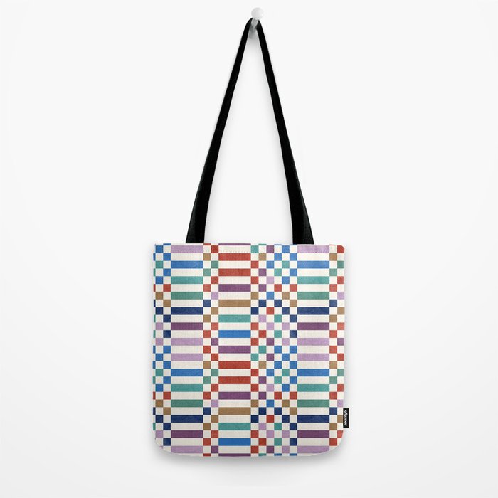 Colorful Geometric Checkered Stripes Pattern Tote Bag Gallery Image 2