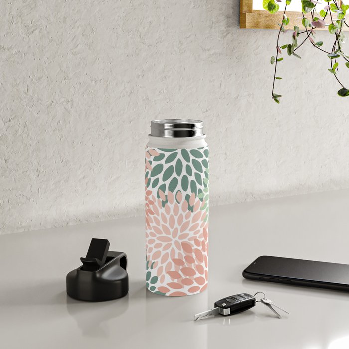 Festive, Abstract Floral Prints, Coral and Green Water Bottle Gallery Image 4
