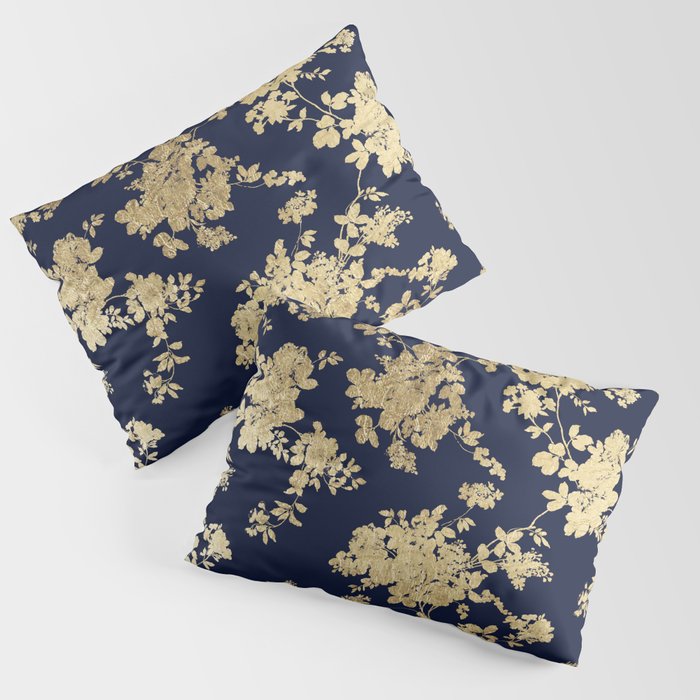 Elegant vintage navy blue faux gold flowers Pillow Sham Gallery Image 3