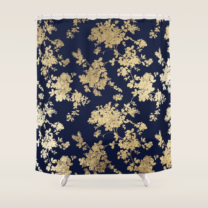 Elegant vintage navy blue faux gold flowers Shower Curtain Gallery Image 1