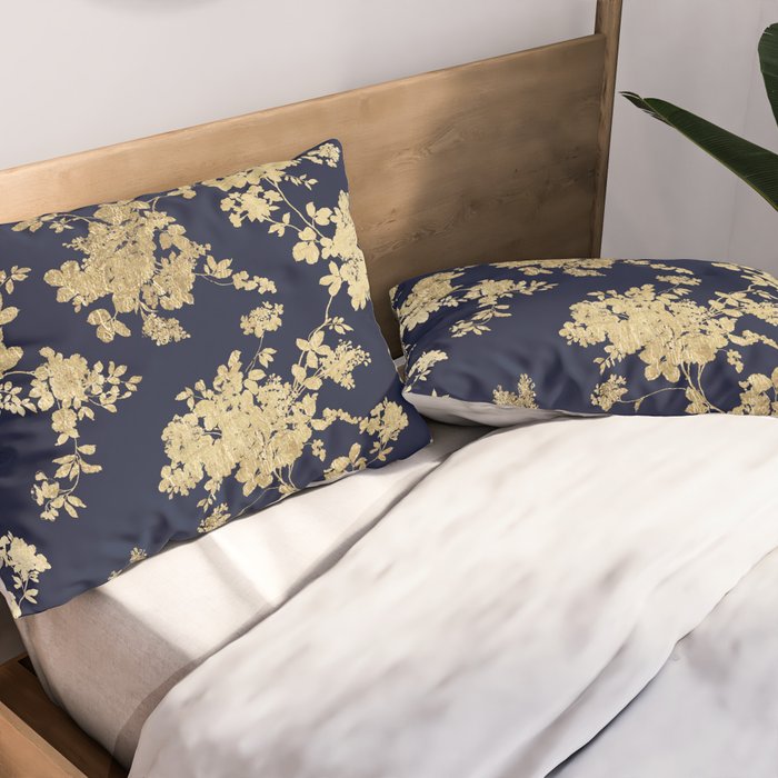 Elegant vintage navy blue faux gold flowers Pillow Sham Gallery Image 2