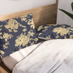 Elegant vintage navy blue faux gold flowers Pillow Sham Gallery Image 2