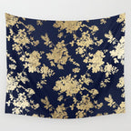 Elegant vintage navy blue faux gold flowers Wall Tapestry Gallery Image 4
