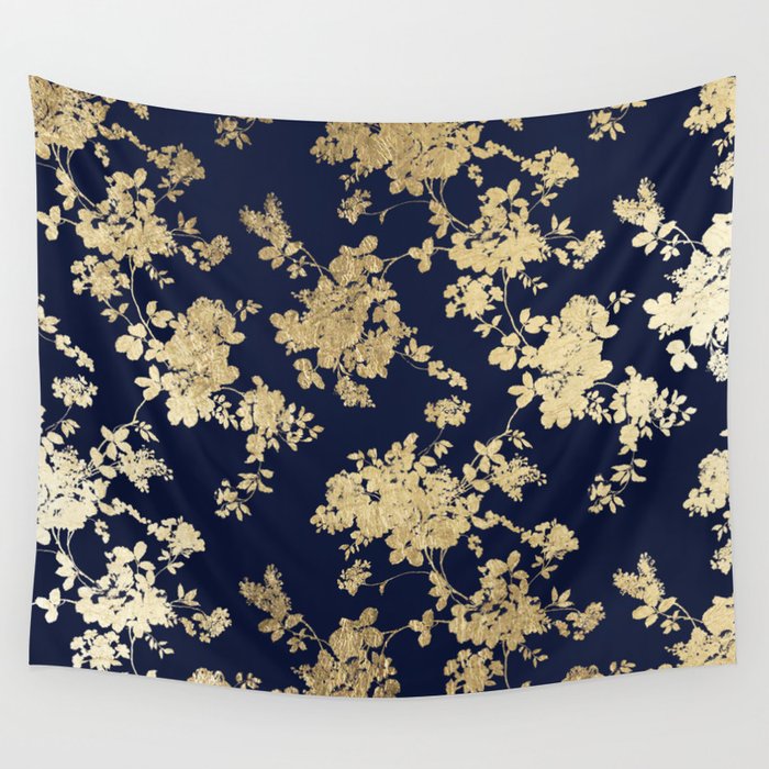 Elegant vintage navy blue faux gold flowers Wall Tapestry Gallery Image 4