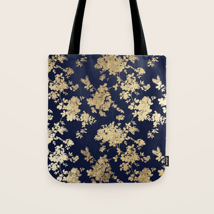Elegant vintage navy blue faux gold flowers Tote Bag Gallery Image 1