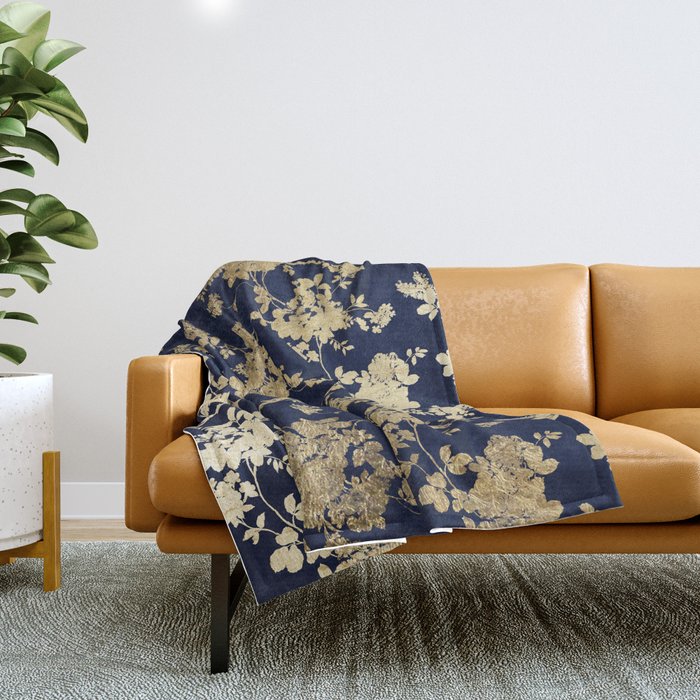 Elegant vintage navy blue faux gold flowers Throw Blanket Gallery Image 1