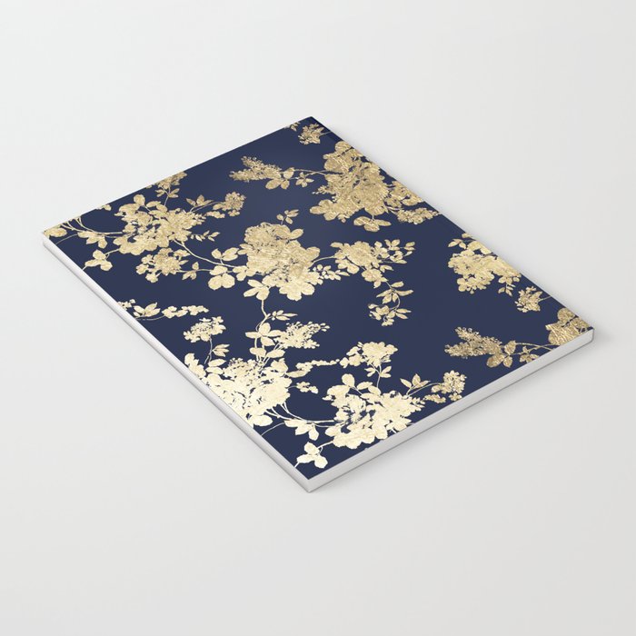 Elegant vintage navy blue faux gold flowers Notebook Gallery Image 3